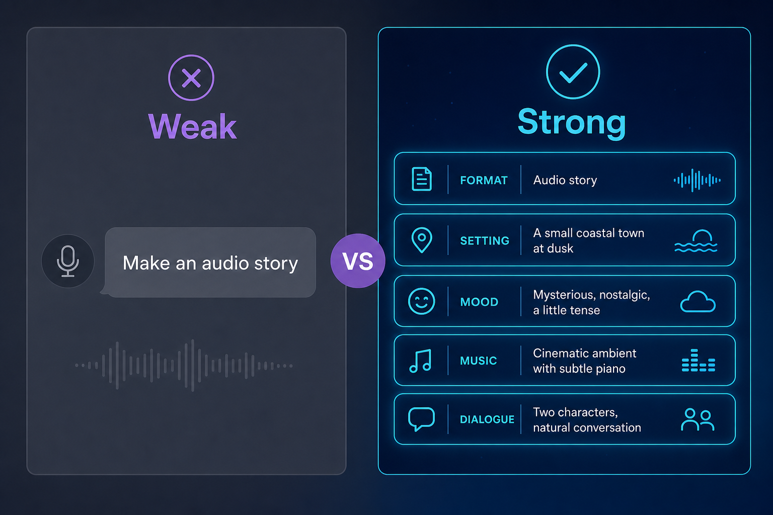 Comparison of a weak vague audio prompt versus a strong layered Qwen Audio 3.0 prompt with format, setting, mood and dialogue.